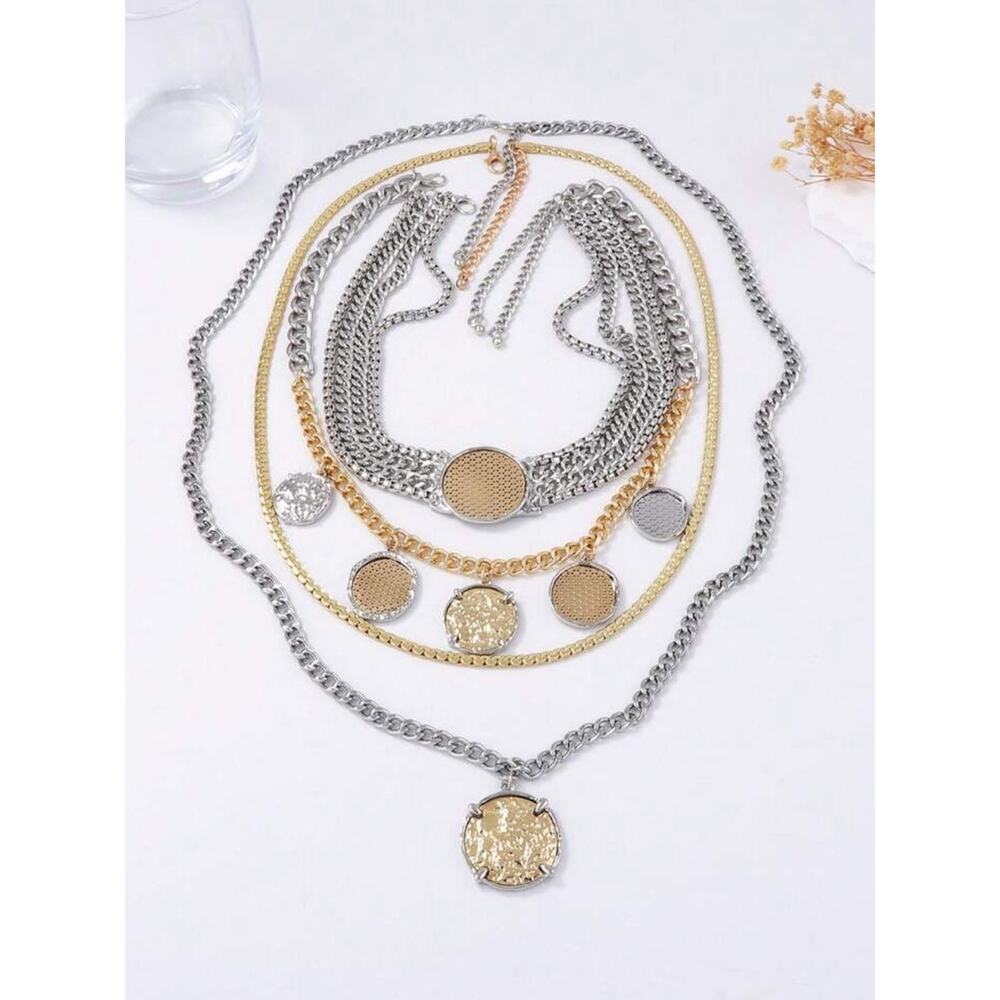 Stainless Steel Multilayer Coin Statement Necklace Old Money Layered Chain - Picture 8 of 11